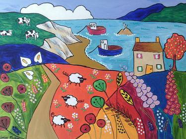Colourful Naive seascape with Cows and Sheep 31.5" x 23.5", Painting  on canvas thumb