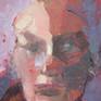 A deeply expressive portrait of a striking woman, rendered in bold brushstrokes and with touches of the palette knife.  I chose to invite the red ground to show through, giving the head strength whilst retaining the gentleness of the figure.  Her pale blue eyes will haunt me forever.