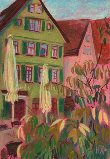 Green House in Esslingen, Germany Cityscape Landscape Pastel Painting image