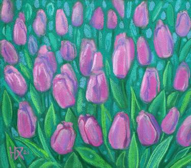 Pink Tulips Field, Spring Flowers Floral Painting thumb