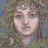 Sparrow Lady, Fantasy Imaginary Portrait Pastel Painting by Julia Khoroshikh