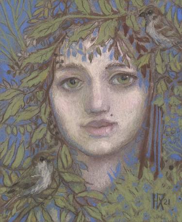 Saatchi Art Artist Julia Khoroshikh; Paintings, “Sparrow Lady, Fantasy Imaginary Portrait Pastel Painting” #art