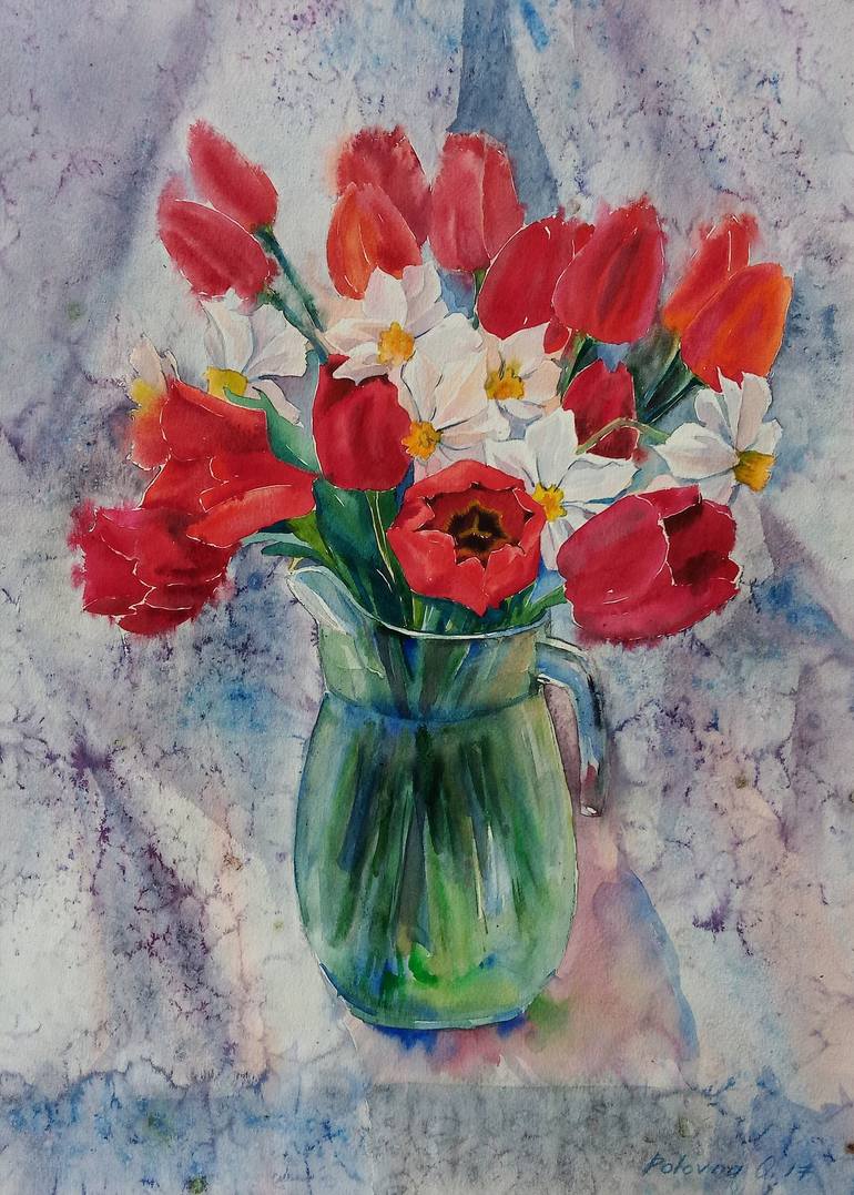 Original Floral Painting by Olena Polovna  Illustration Art on Paper  flower painting tulips