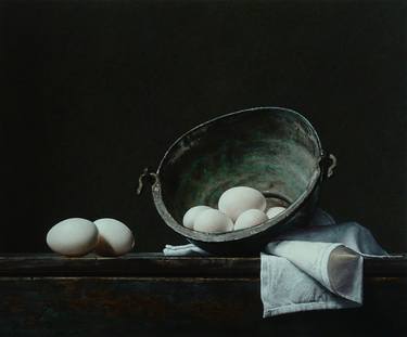 Still life with white eggs and oxidized kettle thumb