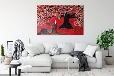 "Japanese Sakura Tree & White Eagle on Red" - OIL - LARGE canvas landscape modern art Feng shui thumb