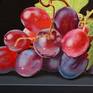 Grapes vary in color from green to yellow to red to blue. In this case I painted the red kind.
Acrylic on canvas panel, covered with several layers of UV-resistant varnish.