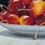 What could be more tempting than fresh, juicy cherries with their shining red or yellowish skin? I cannot resist to paint them over and over again.

Acrylic and oil on canvas panel, covered with several layers of UV-resistant varnish.