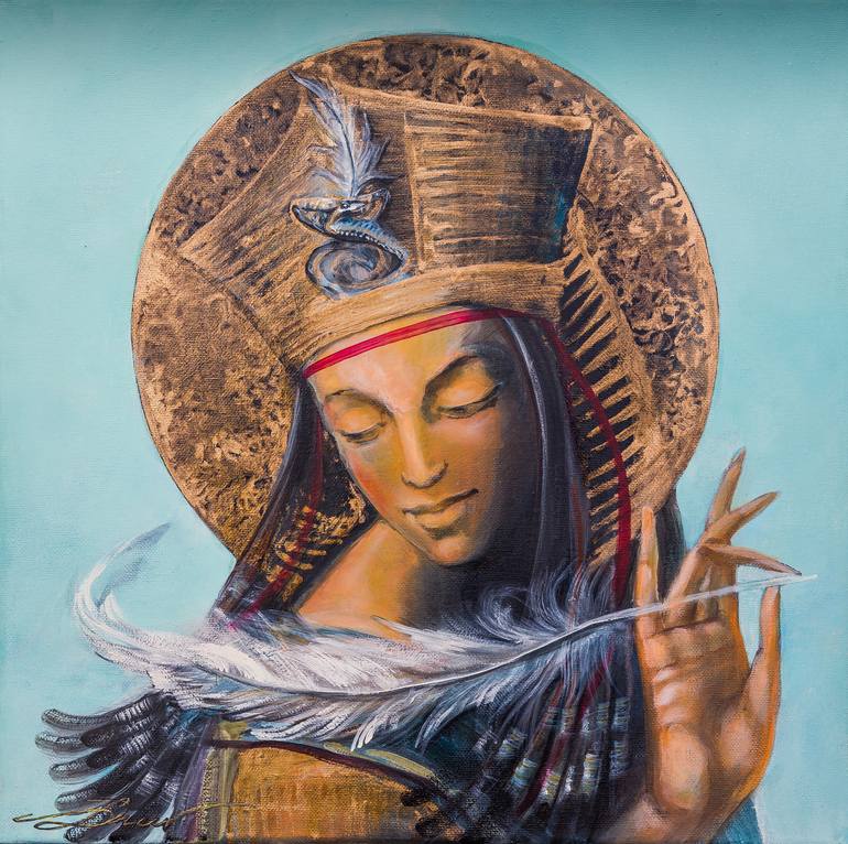 A painting of Maat holding a feather by Daiva Luksaite 