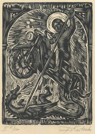 Victory. Saint George on motorcycle. Original woodcut. thumb