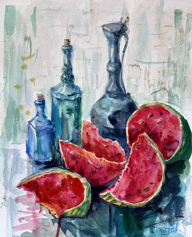 Still Life with Watermelon. Original watercolor. thumb