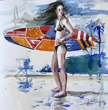 Surfer Girl Watercolor Original thumb