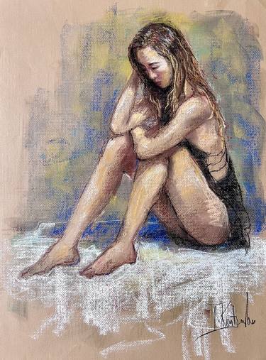 Seated model. Original pastel drawing. thumb