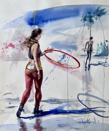 Lady with Hula hoop original Watercolor thumb