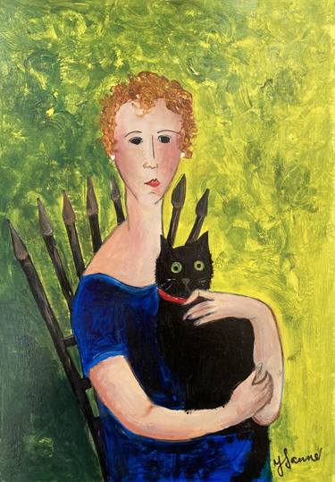 Woman Blue Dress black cat thumb