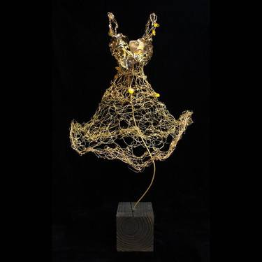 Gold Wire Dress Tabletop Sculpture With Butterfly Wings ~ Ala Aurum (Gold Wing) thumb