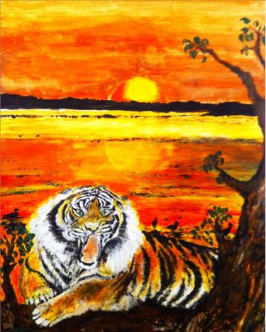 Tiger in the wild with golden sunrise thumb