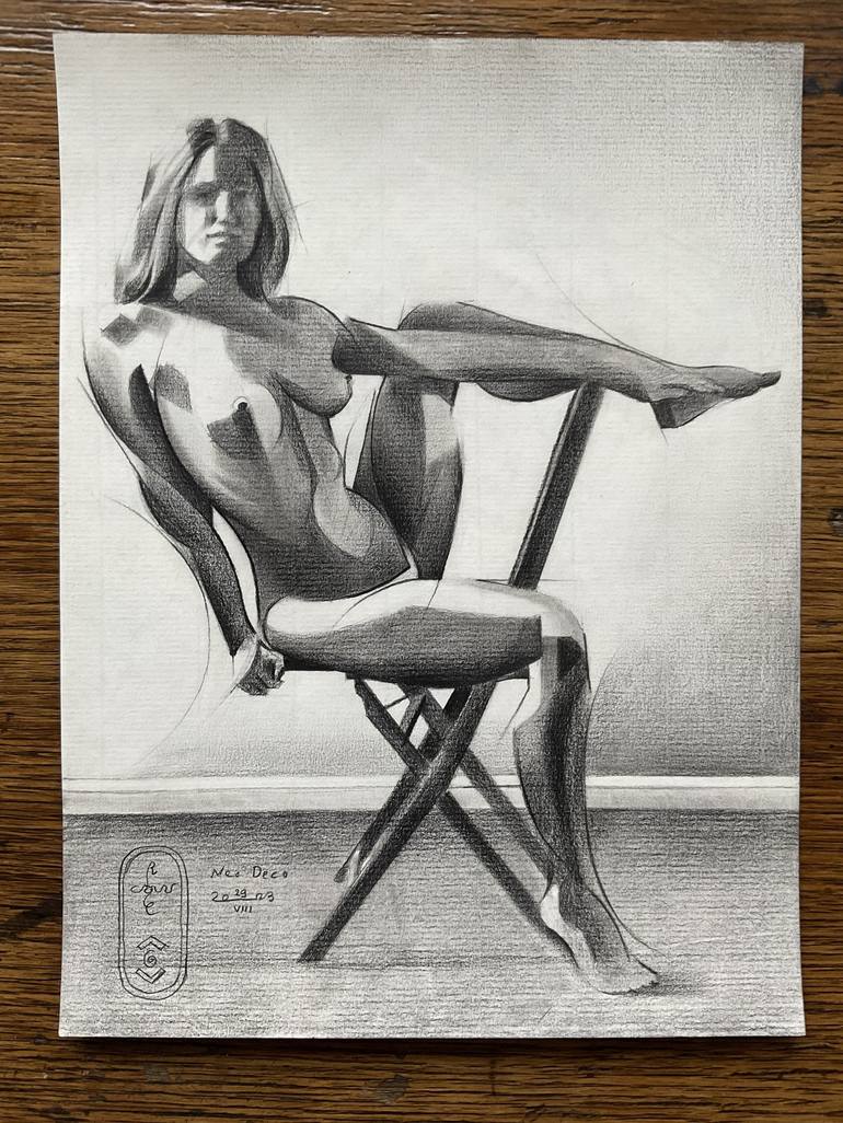 Original Art Deco Nude Drawing by Corné Akkers