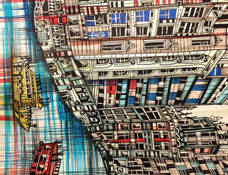 Original Abstract Expressionism Cities Drawing by Maria Susarenko