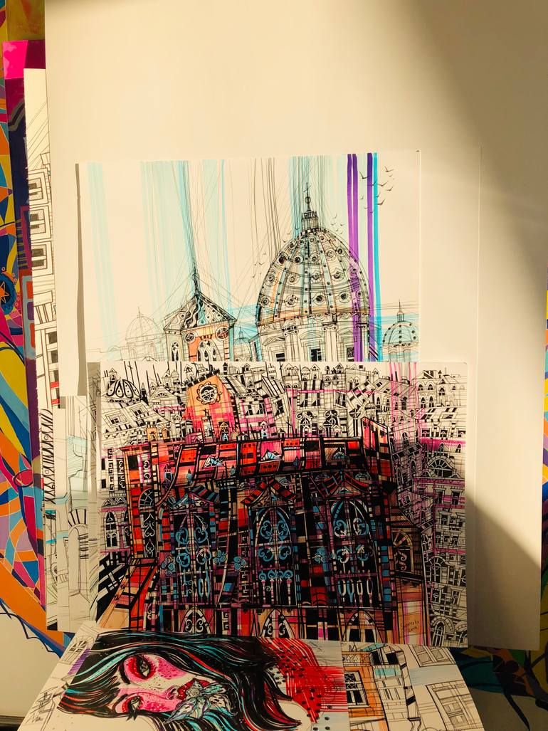 Original Abstract Expressionism Cities Drawing by Maria Susarenko