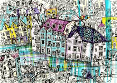 Original Abstract Expressionism Cities Drawings by Maria Susarenko