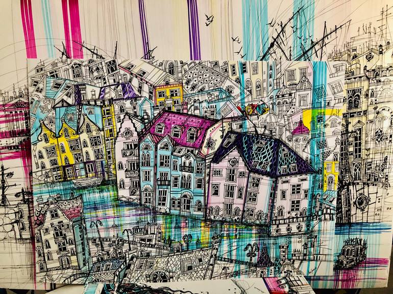 Original Abstract Expressionism Cities Drawing by Maria Susarenko