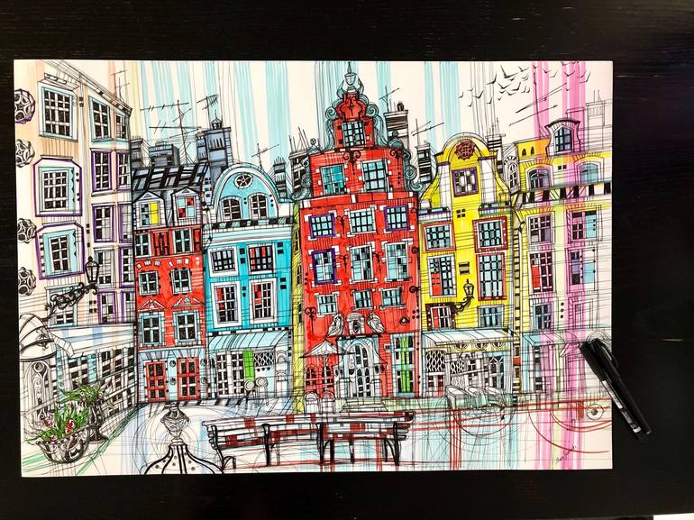 Original Abstract Expressionism Cities Drawing by Maria Susarenko