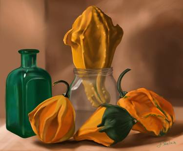 Stillife with gourds and green bottle thumb