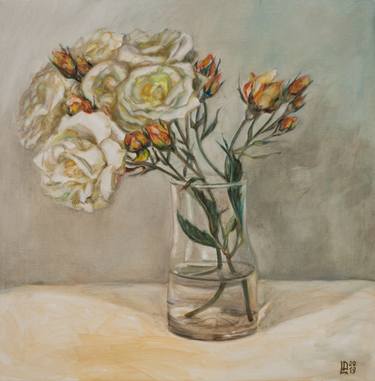 White Roses In A Glass Vase thumb
