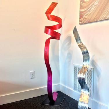 'Helio 60' - Red Metal Sculpture Abstract Ribbon Art Contemporary Metallic Floor Sculptures thumb
