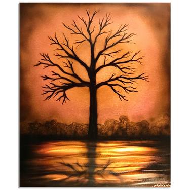 'Midnight Lagoon Composition' - Abstract Metal Tree Art Original Modern Painting Sunset Landscape Steel Artwork thumb