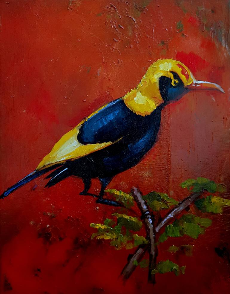 Yellow Bird against Red Background - Original Oil Painting Painting by  Bhavna Misra | Saatchi Art