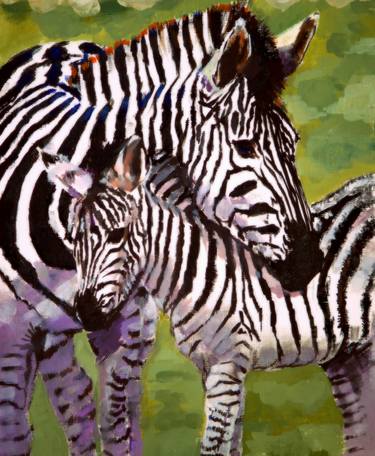 "Stripez" - Fine Art Oil Painting of Mama Zebra with the Baby thumb