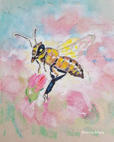 “Bee to Blossom II” – Pastel Painting of Honeybee by Artist Bhavna Misra thumb