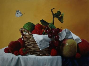 Still-life of fruit basket with butterfly thumb