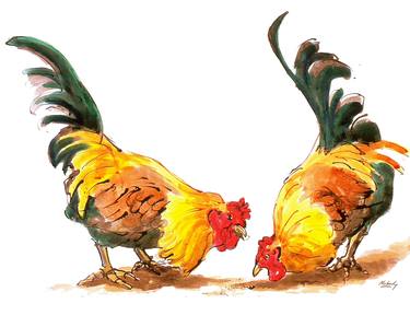 Cockerel duo (sold - print available) thumb