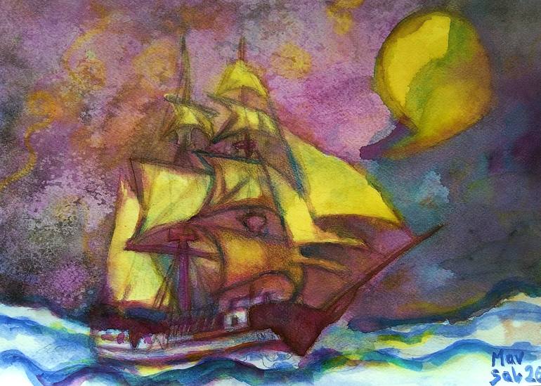 Original Landscape Painting by Marzena Salwowska | Surrealism Art on Paper | The Journey of the Wanderer with the Moon Growing to Fullness