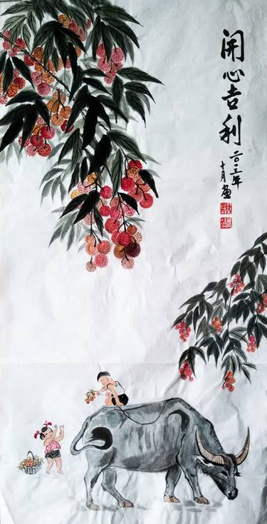 【Purely hand-painted】Chinese scroll painting——Full of childlike happiness thumb