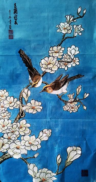 【Purely hand-painted】Chinese scroll painting—— Magnolia & magpies thumb