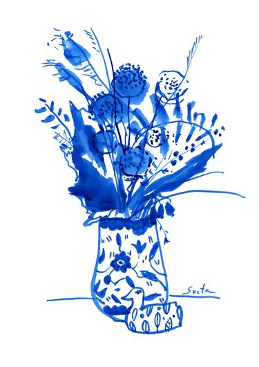 Blue Still life with vintage duck. Blue ink drawing. thumb