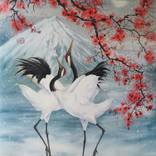 Couple Japanese Red Crowned Cranes and Plum Blossom by Olga Beliaeva Watercolor