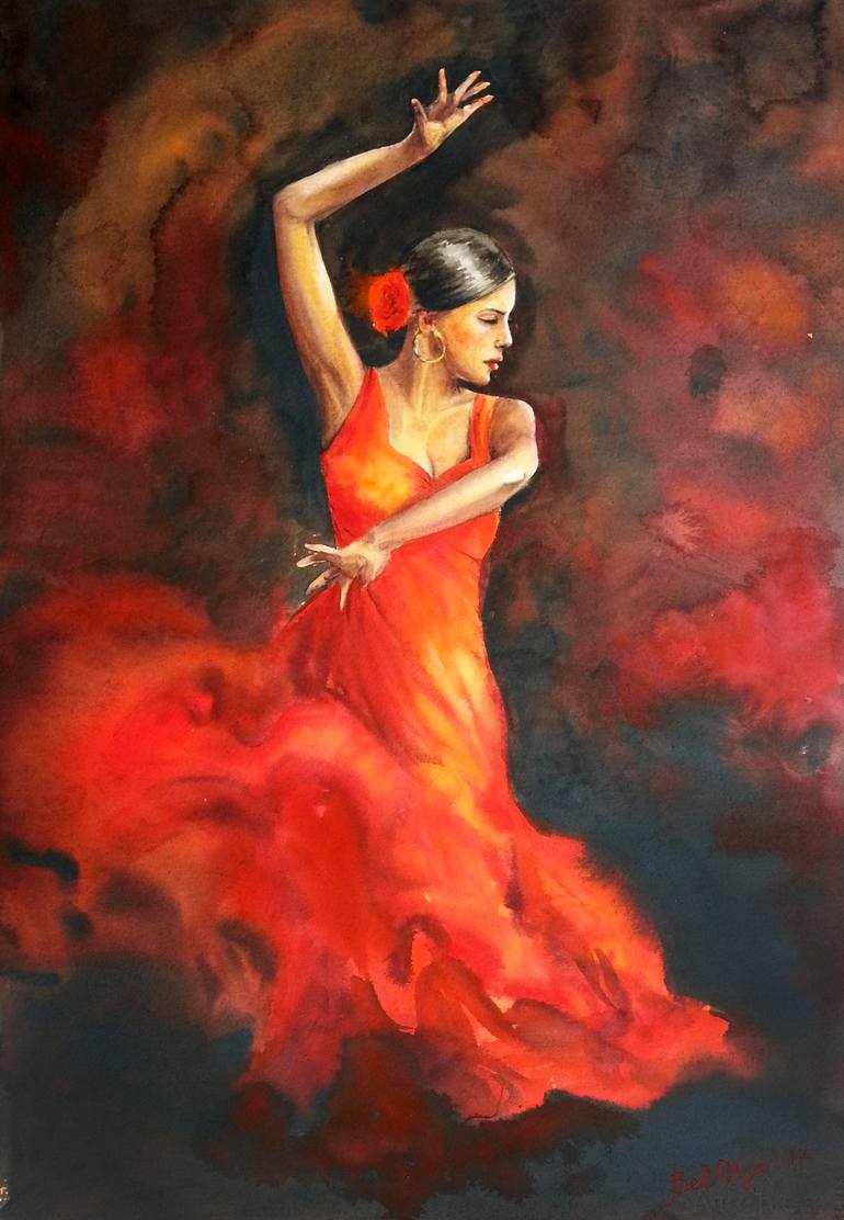 red dress flamenco dancer painting