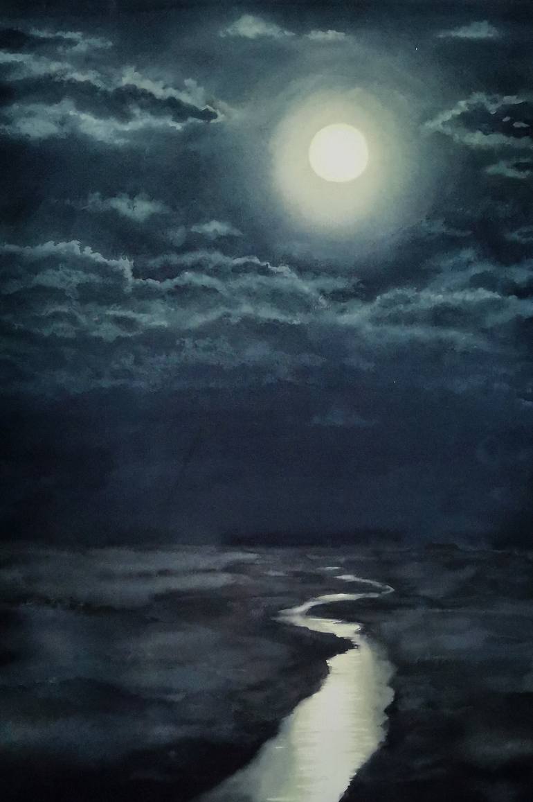 Full Moon Night Super Moon In Clouds Over River Mystical Night Painting By Olga Beliaeva Saatchi Art