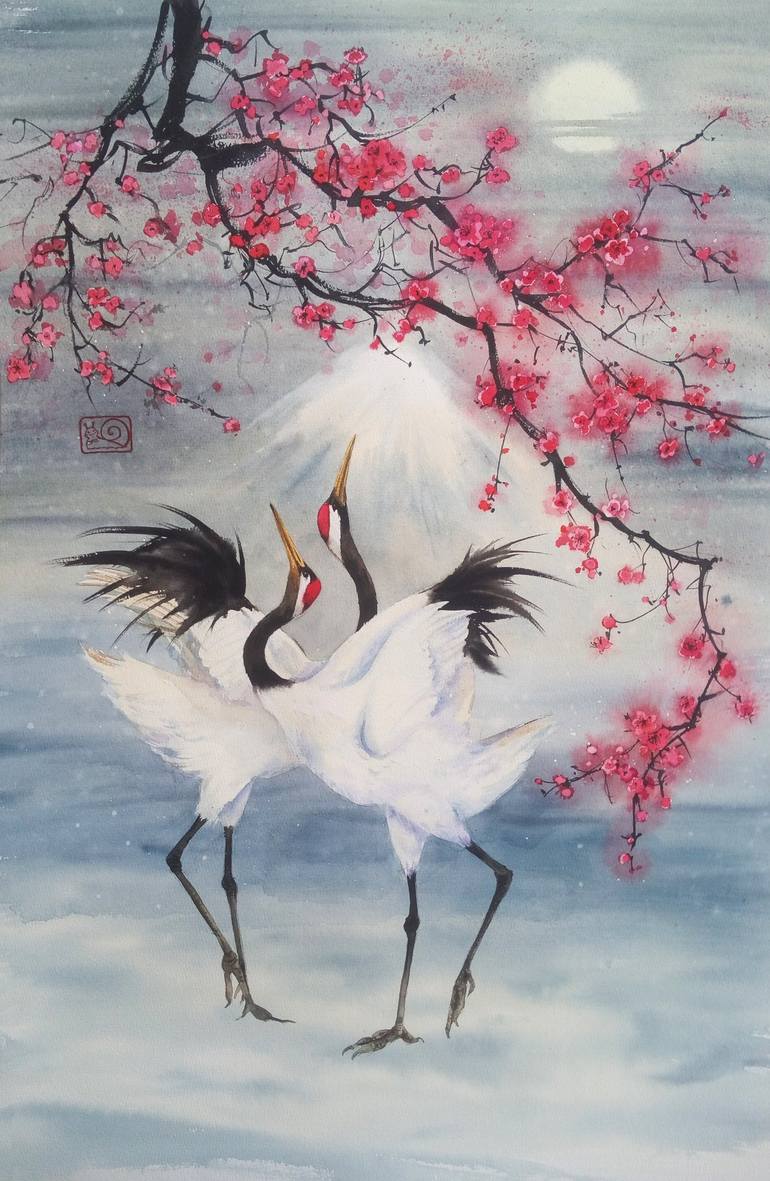 Japanese Red Crowned Cranes Dance And Plum Blossom Pink Blossoms