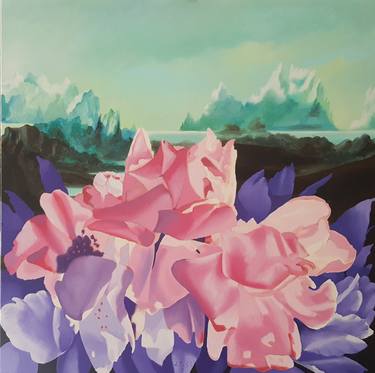 ROSES WITH LANDSCAPE -OIL ON CANVAS thumb