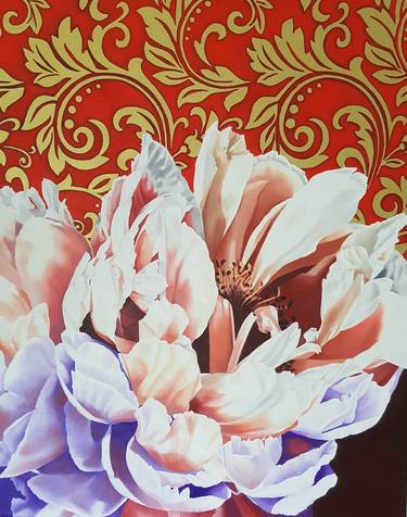 PEONIES WITH GOLD AND RED BACKGROUND - OIL ON CANVAS thumb
