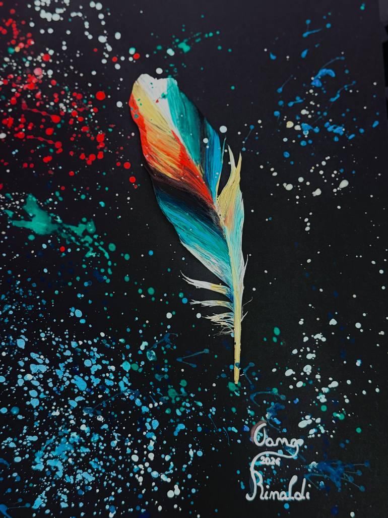 Original Abstract Painting by Oana Rinaldi | Abstract Art on Paper | The Weight of Being Light, 21 x 29 cm, acrylic on real feather