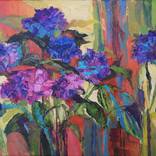 Purple hydrangeas on yellow and orange by Irina Privedentseva