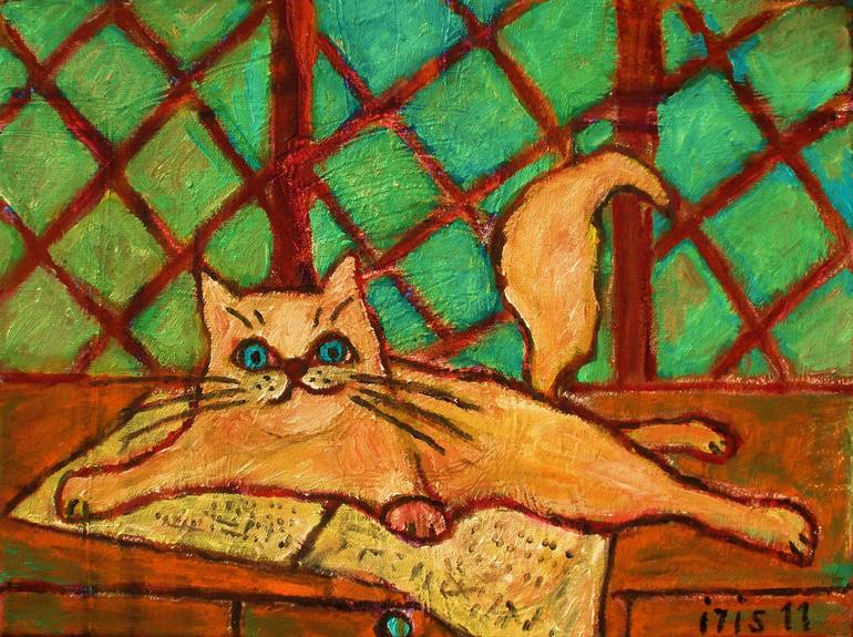 cat with newspaper Painting by Iris Lydia Frei | Saatchi Art