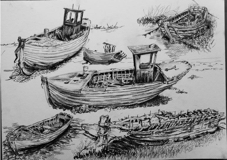 Decaying timber fishing boats and barges studies Drawing by michael screen