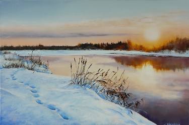 Winter Sunset Original Oil Painting thumb